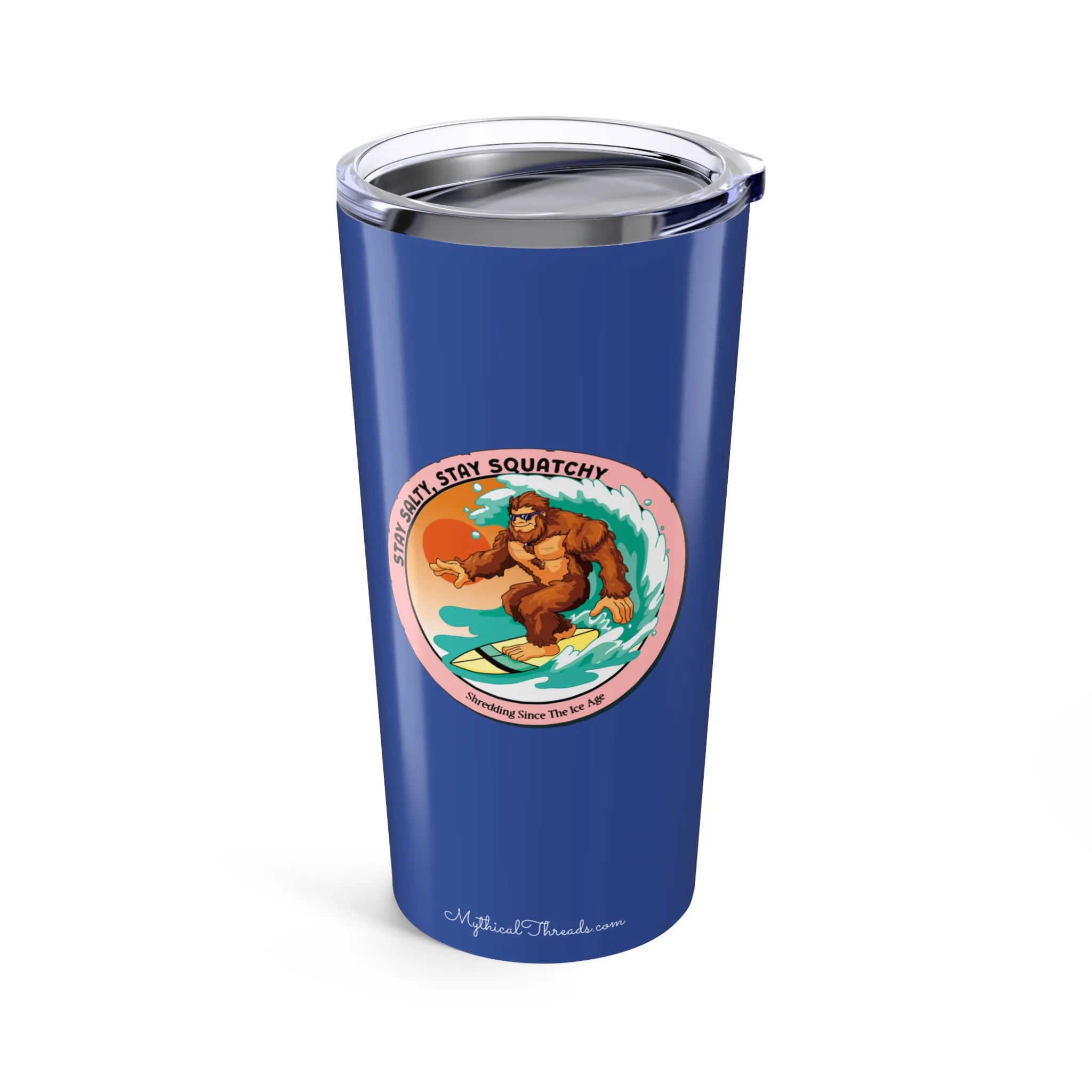 Deep ocean blue tumbler with Bigfoot surfing graphic