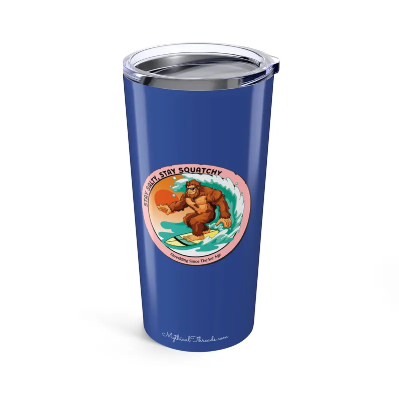 Deep ocean blue tumbler with Bigfoot surfing graphic