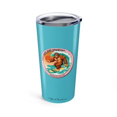 Aqua blue tumbler with Bigfoot surfing graphic