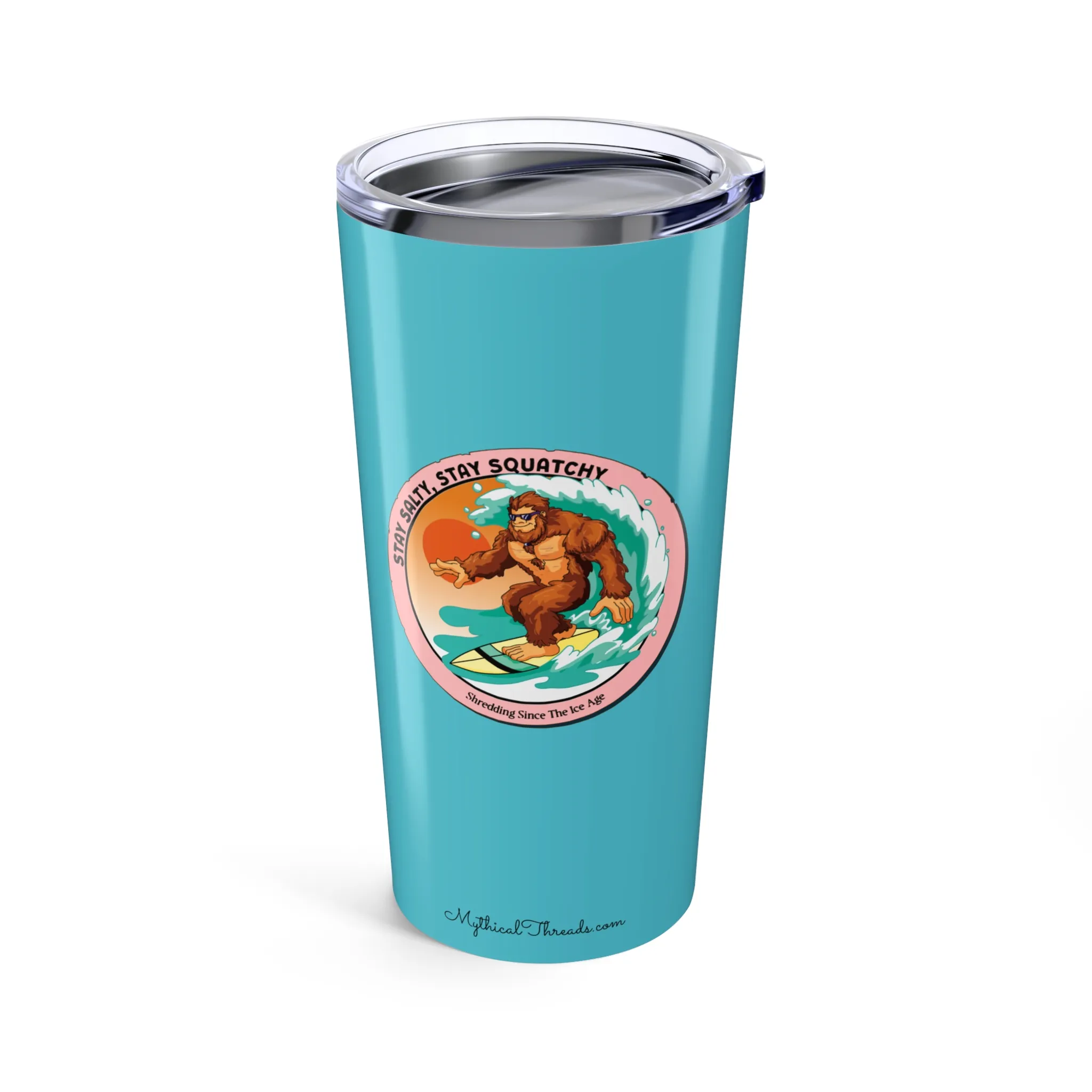 Aqua blue tumbler with Bigfoot surfing graphic