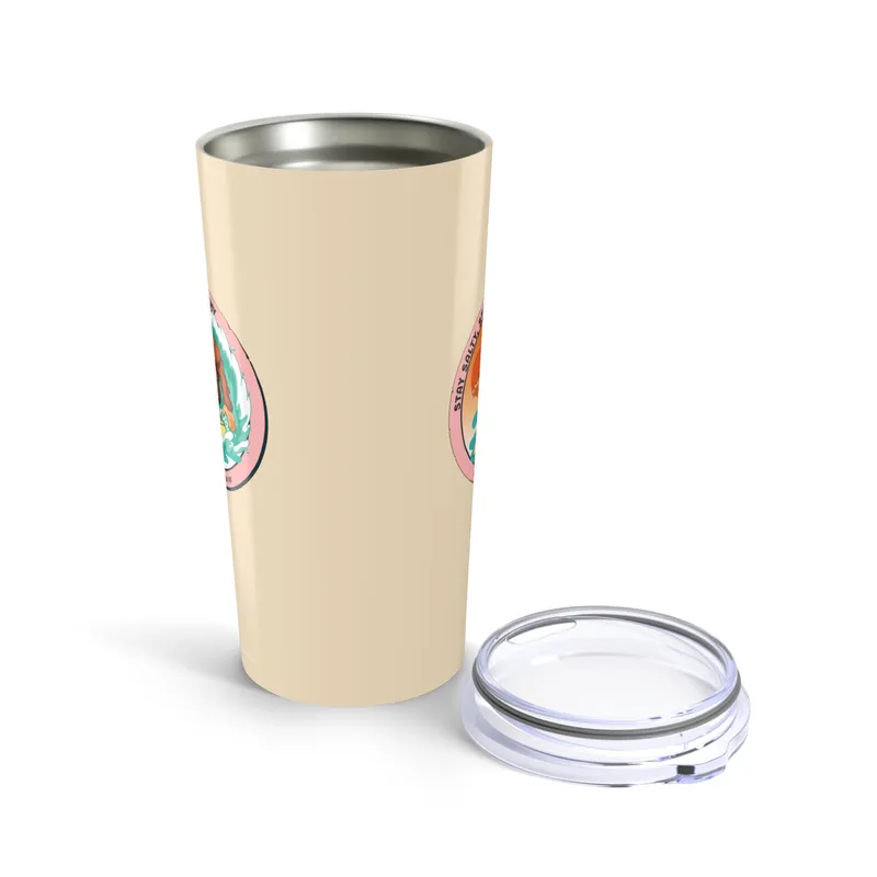 Warm sand tumbler with Bigfoot surfing graphic
