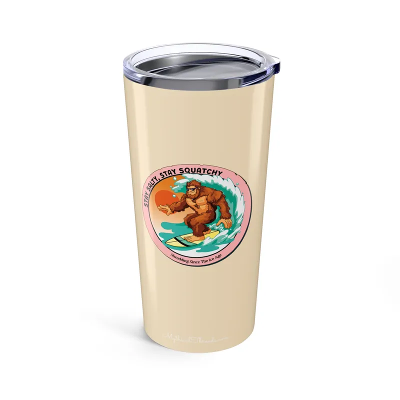 Warm sand tumbler with Bigfoot surfing graphic
