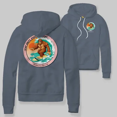 Blue Jean Hoodie with Bigfoot surfing graphic