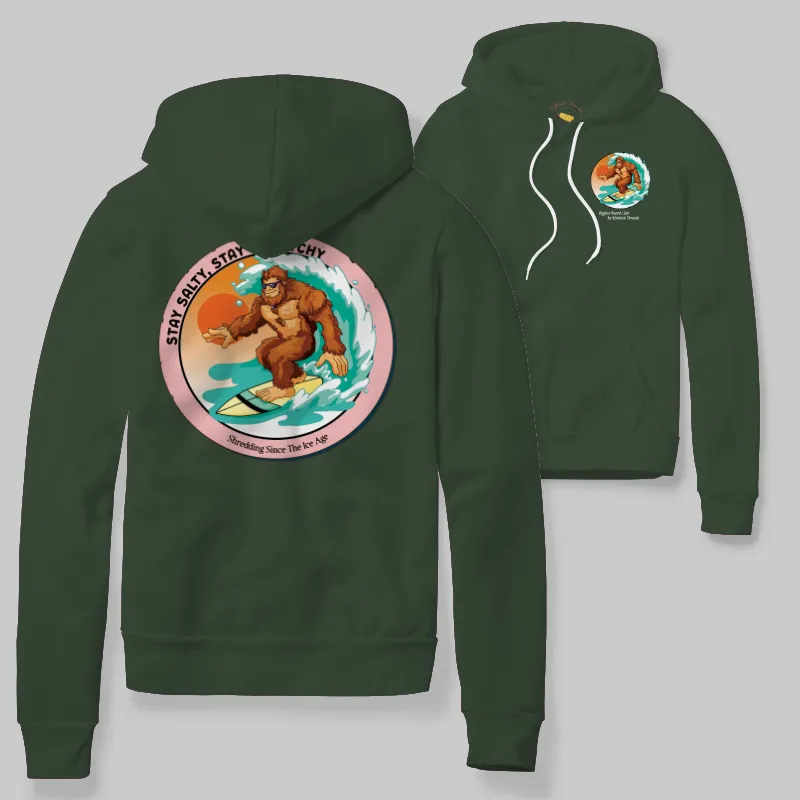 Blue Spruce Hoodie with Bigfoot surfing graphic