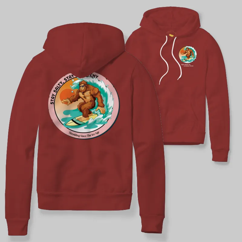 Crimson Hoodie with Bigfoot surfing graphic