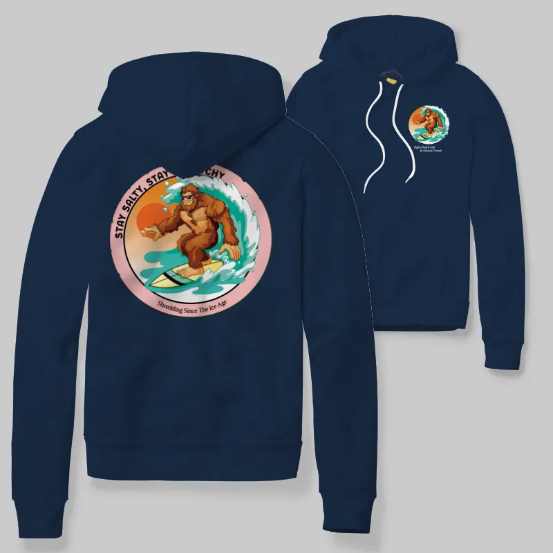 Denim Hoodie with Bigfoot surfing graphic