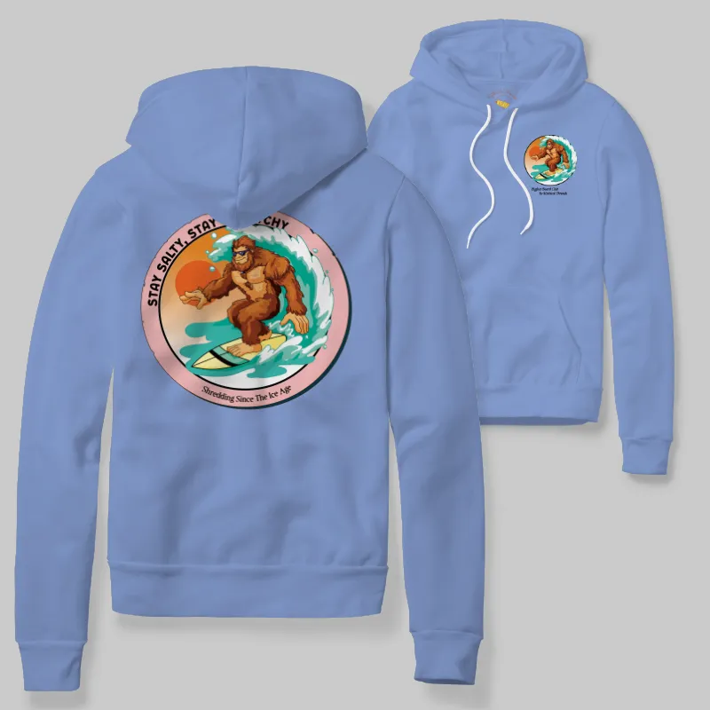 Flo Blue Hoodie with Bigfoot surfing graphic