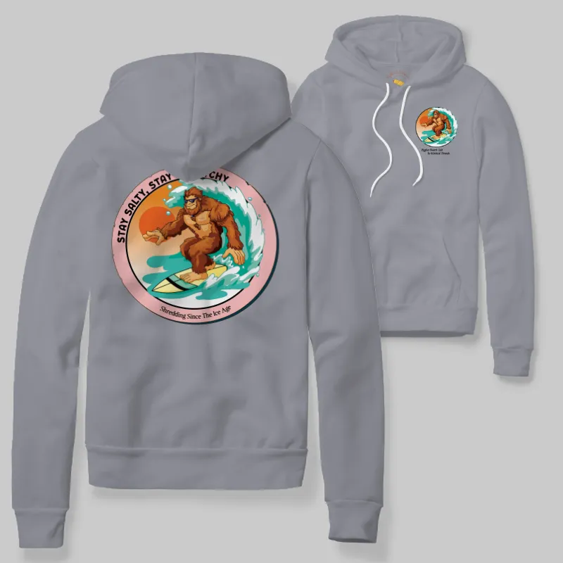 Grey Hoodie with Bigfoot surfing graphic