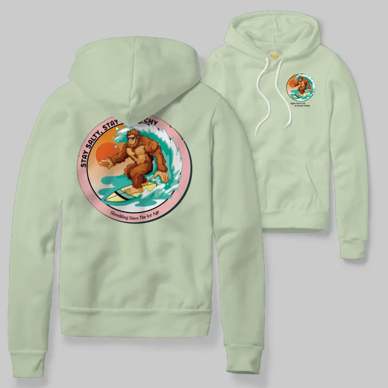 Light Green Hoodie with Bigfoot surfing graphic