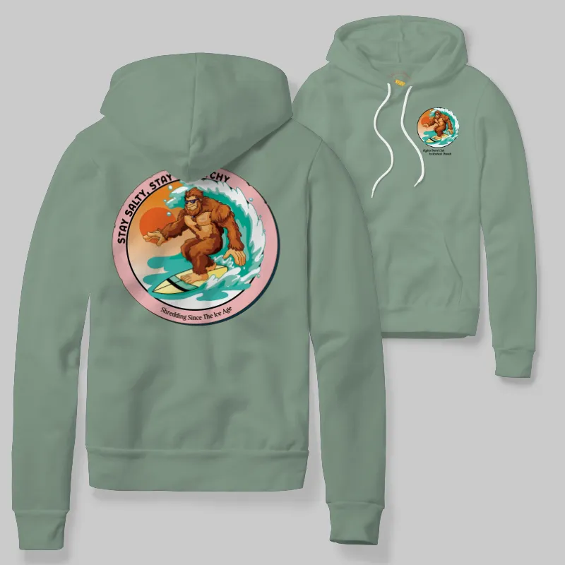 Seafoam Hoodie with Bigfoot surfing graphic