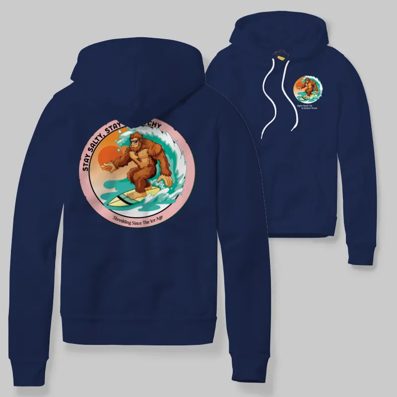 True Navy Hoodie with Bigfoot surfing graphic