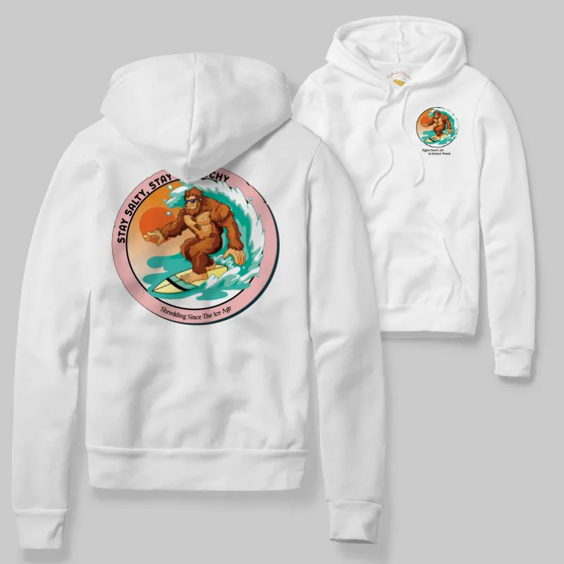 White Hoodie with Bigfoot surfing graphic