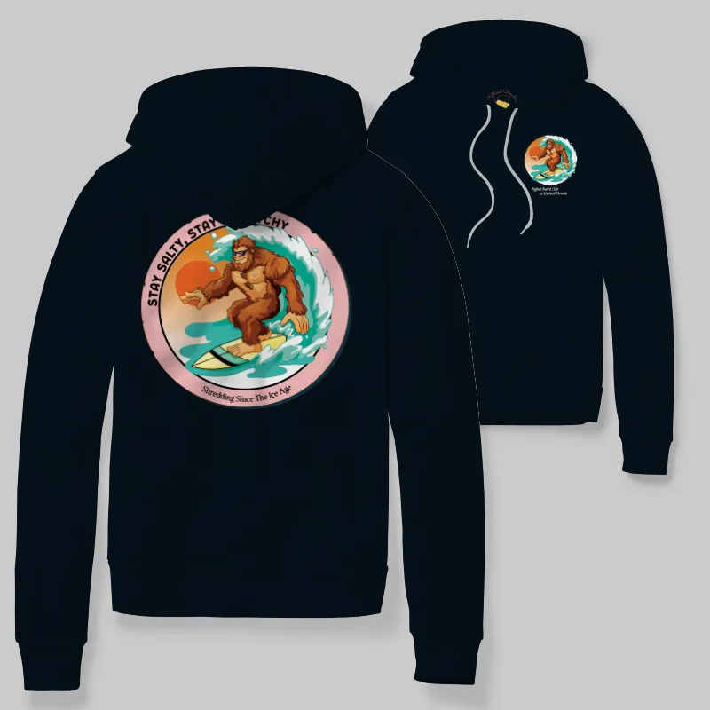 Black Hoodie with Bigfoot surfing graphic