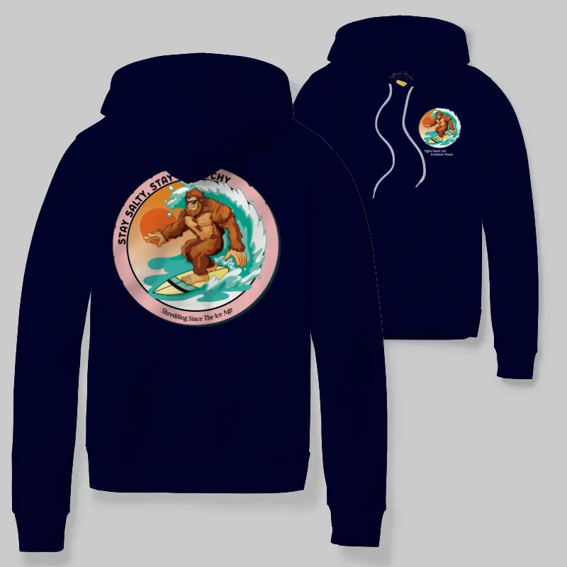Navy Hoodie with Bigfoot surfing graphic