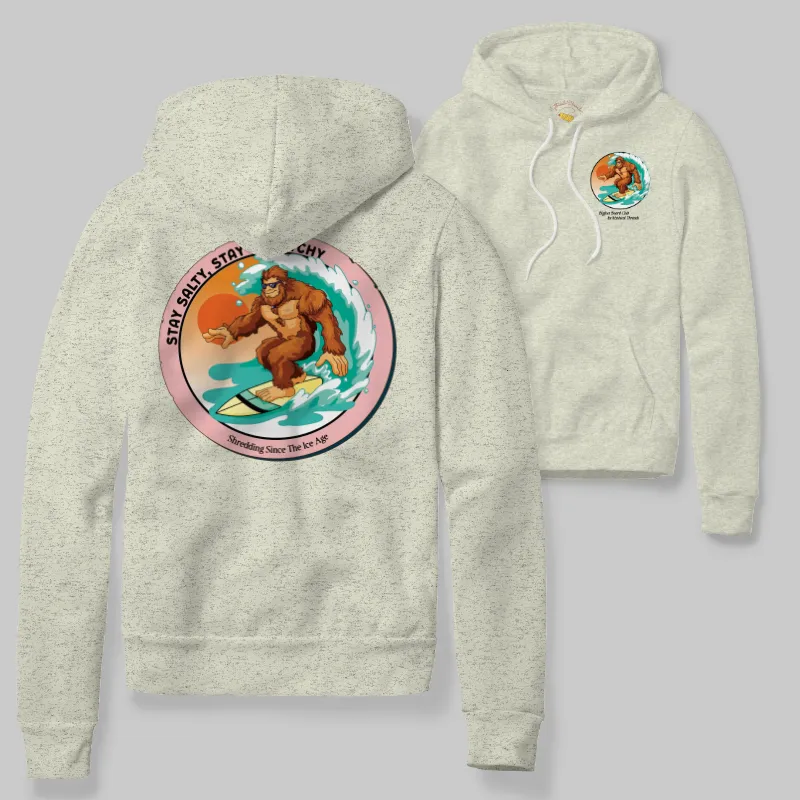 Oatmeal Heather Hoodie with Bigfoot surfing graphic