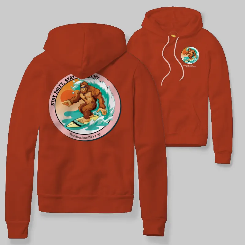Red Hoodie with Bigfoot surfing graphic