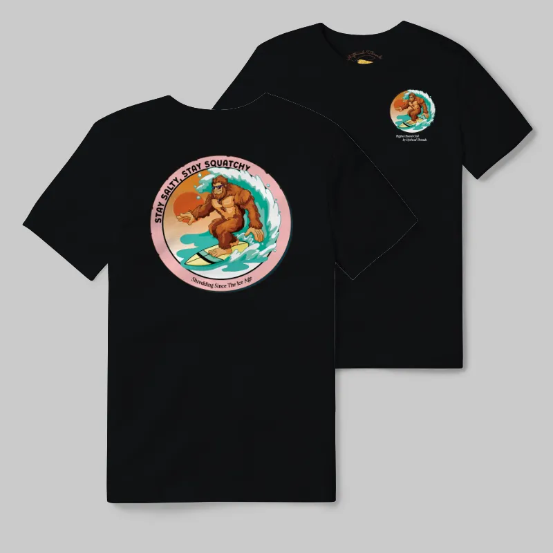 Black T-shirt with Bigfoot surfing graphic