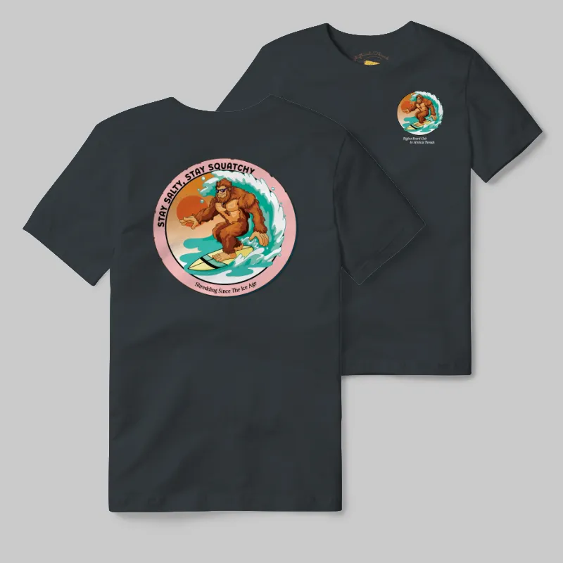 Charcoal T-shirt with Bigfoot surfing graphic