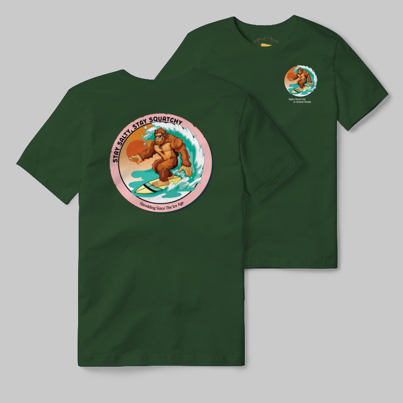 Emerald T-shirt with Bigfoot surfing graphic