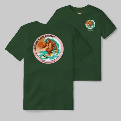 Emerald T-shirt with Bigfoot surfing graphic