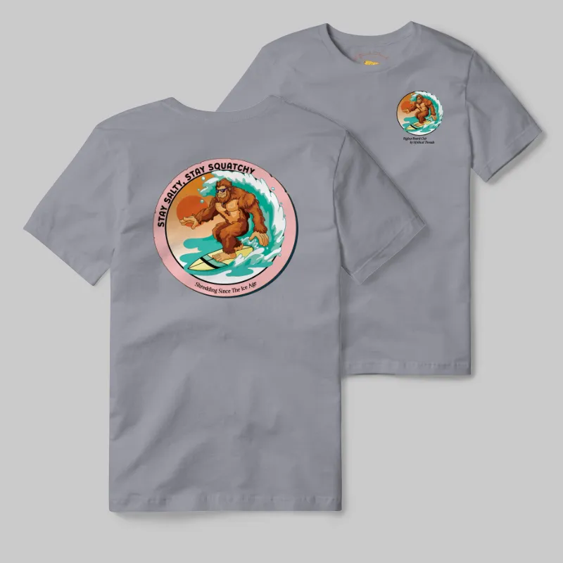 Grey T-shirt with Bigfoot surfing graphic