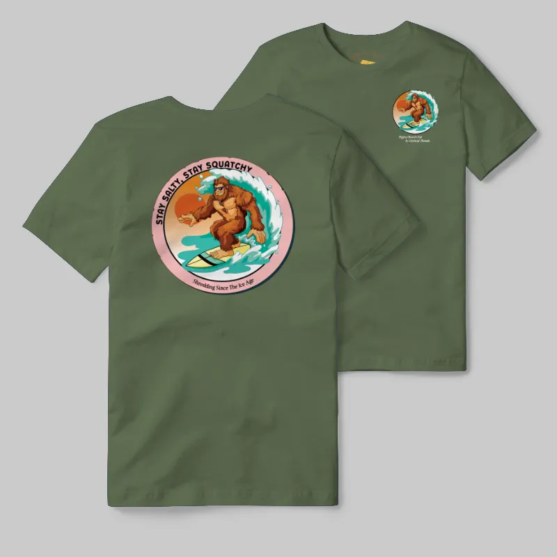 Olive T-shirt with Bigfoot surfing graphic