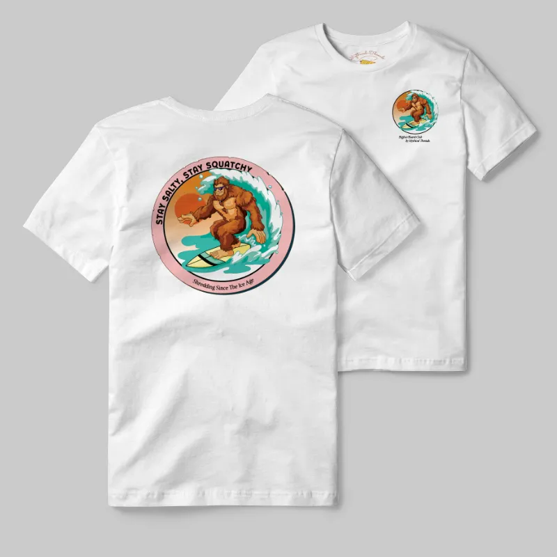 White T-shirt with Bigfoot surfing graphic