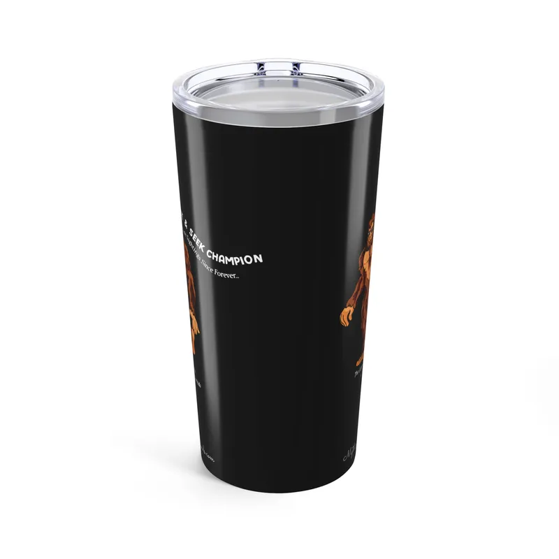 Charcoal tumbler with Bigfoot walking graphic