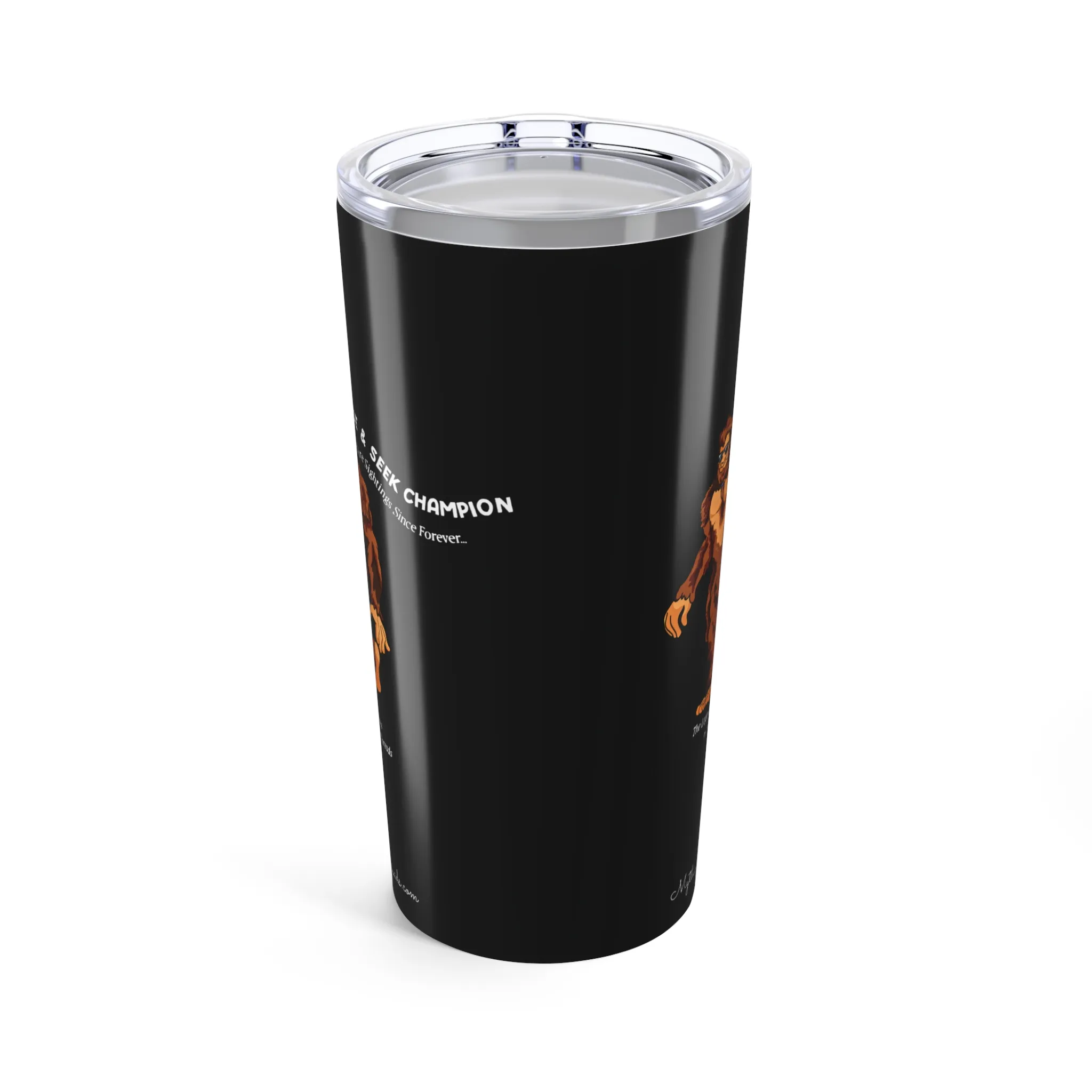Charcoal tumbler with Bigfoot walking graphic