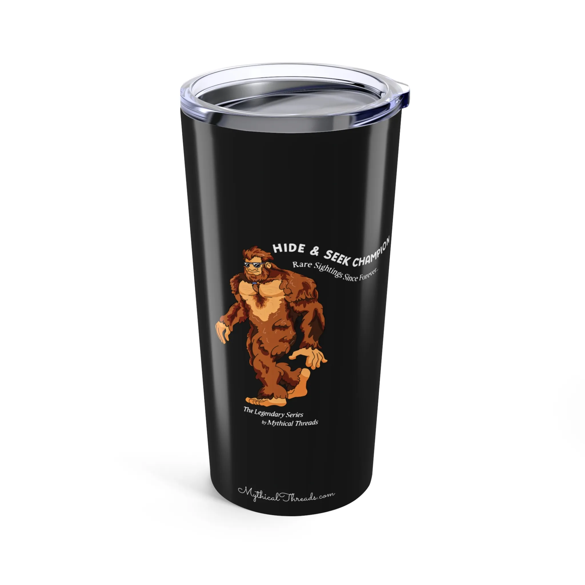 Charcoal tumbler with Bigfoot walking graphic