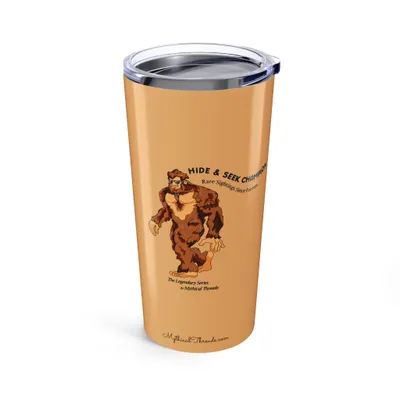 Golden tan tumbler with Bigfoot walking graphic