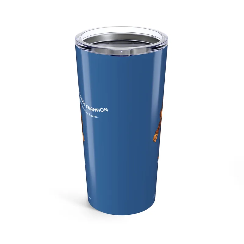 Muted sky blue tumbler with Bigfoot walking graphic