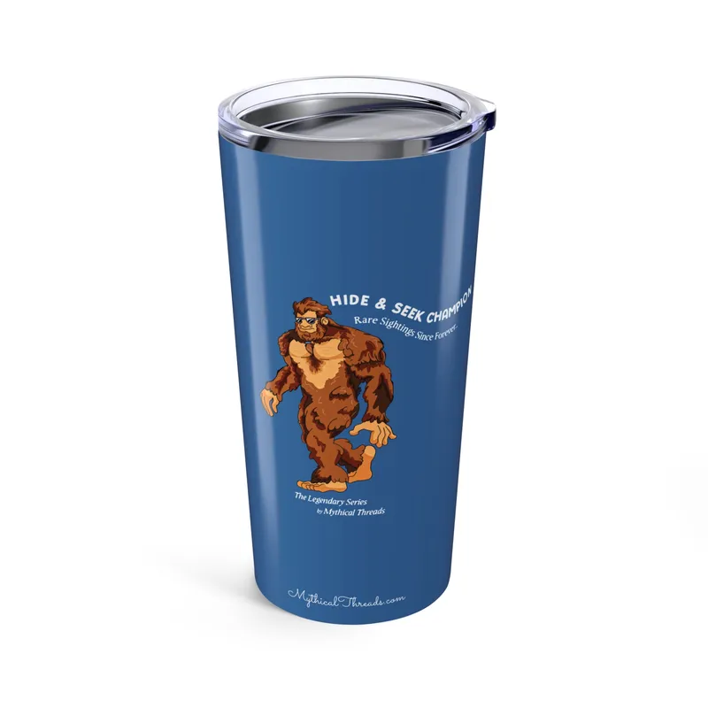 Muted sky blue tumbler with Bigfoot walking graphic