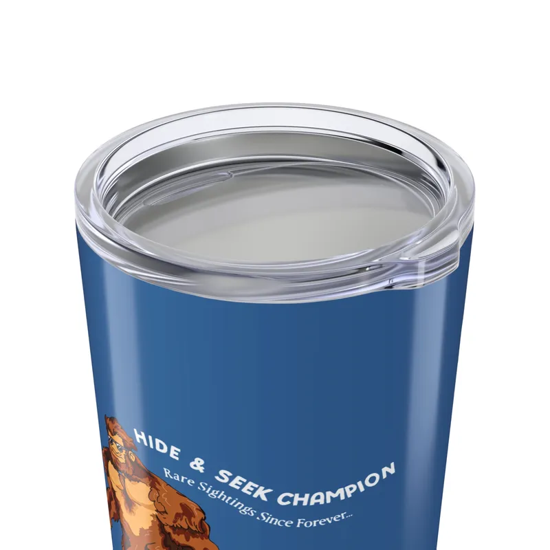 Muted sky blue tumbler with Bigfoot walking graphic