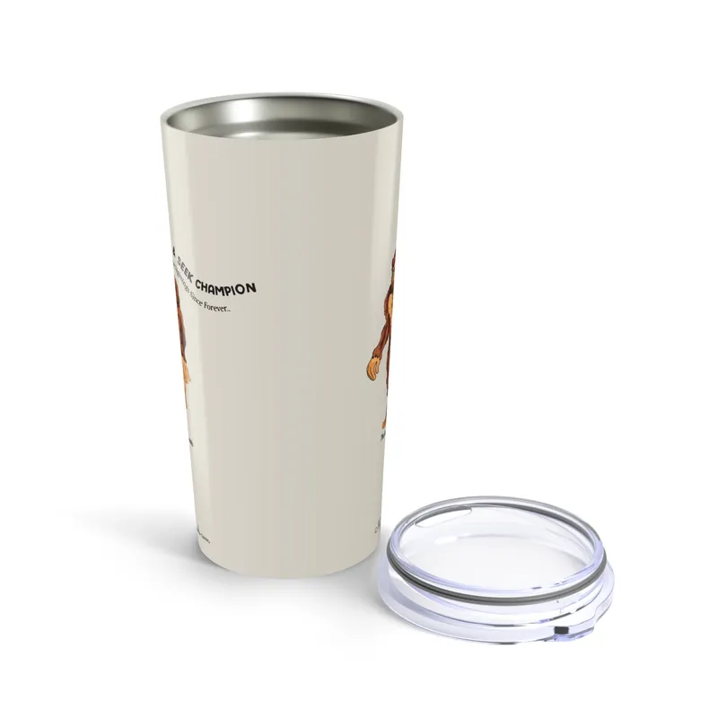 Warm stone tumbler with Bigfoot walking graphic