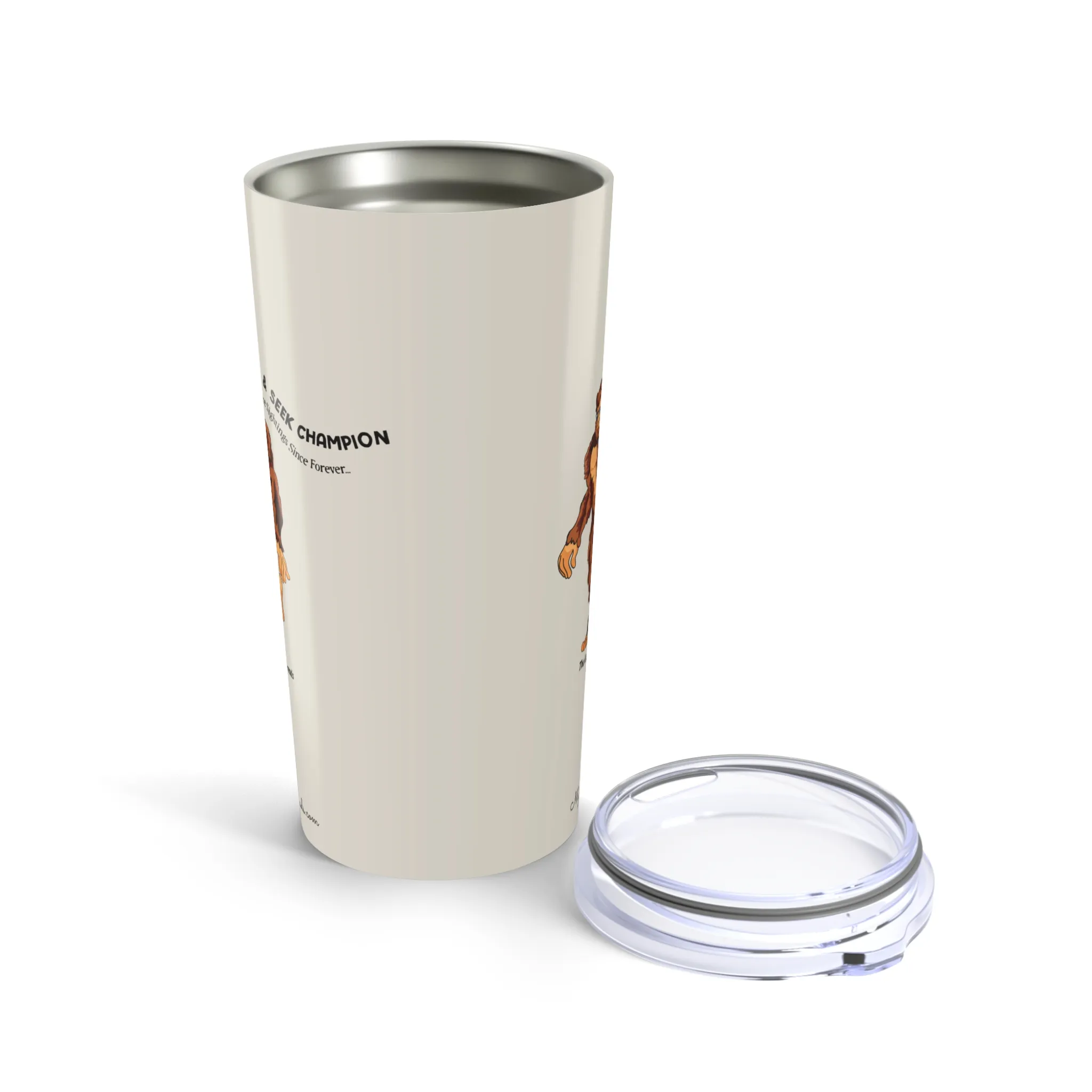 Warm stone tumbler with Bigfoot walking graphic