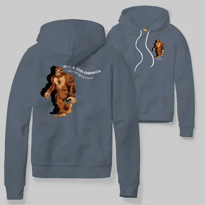 Blue Jean Hoodie with Bigfoot walking graphic
