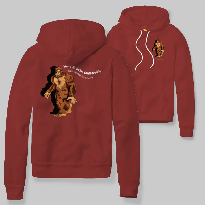 Crimson Hoodie with Bigfoot walking graphic