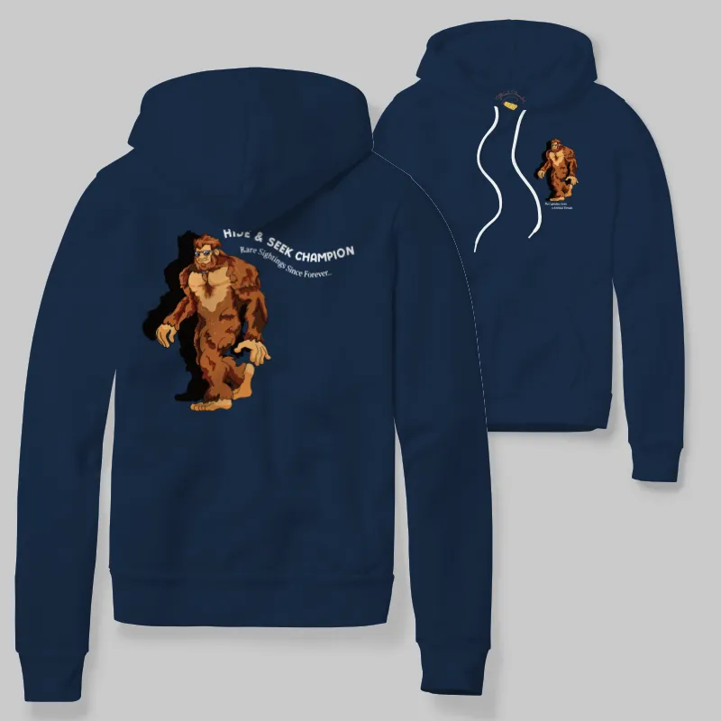 Denim Hoodie with Bigfoot walking graphic