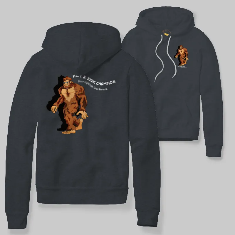 Charcoal Heather Hoodie with Bigfoot walking graphic