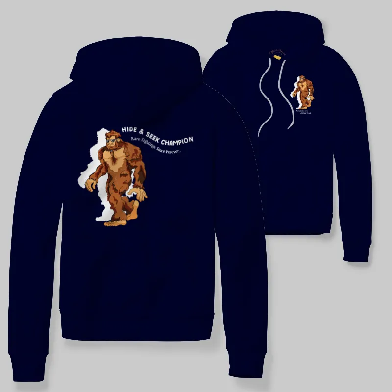 Navy Hoodie with Bigfoot walking graphic