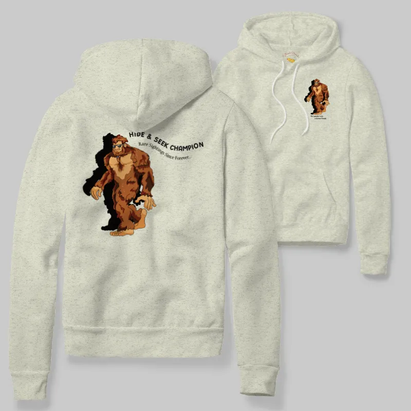 Oatmeal Heather Hoodie with Bigfoot walking graphic