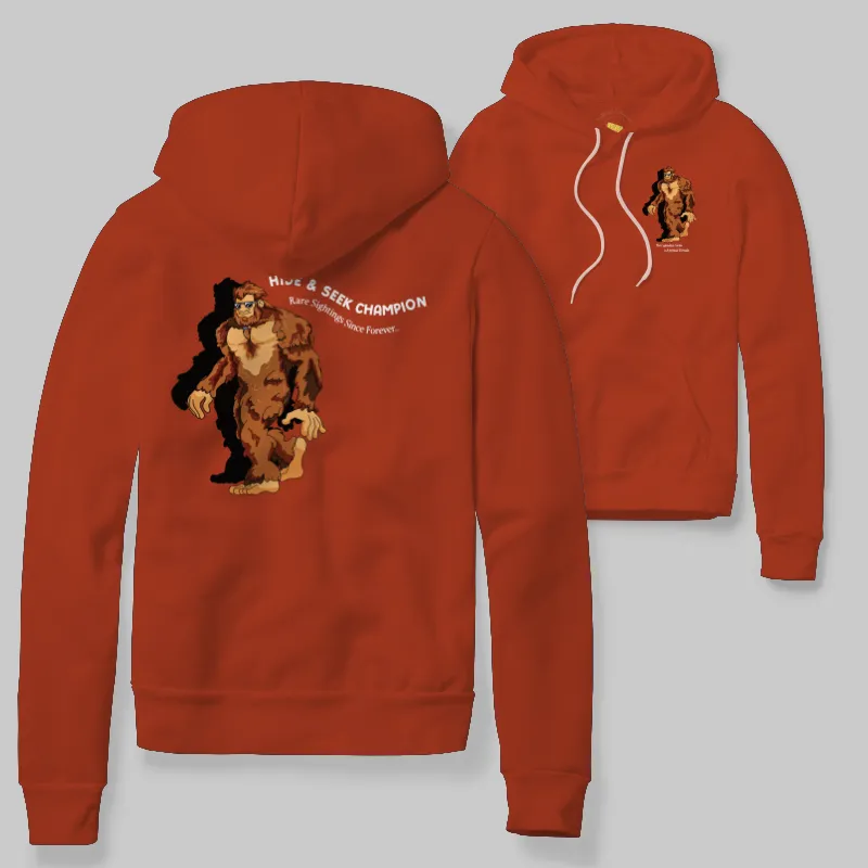 Red Hoodie with Bigfoot walking graphic