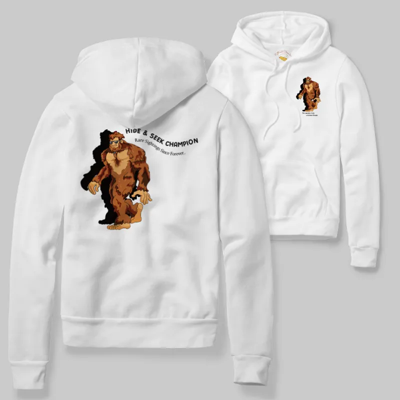 White Hoodie with Bigfoot walking graphic