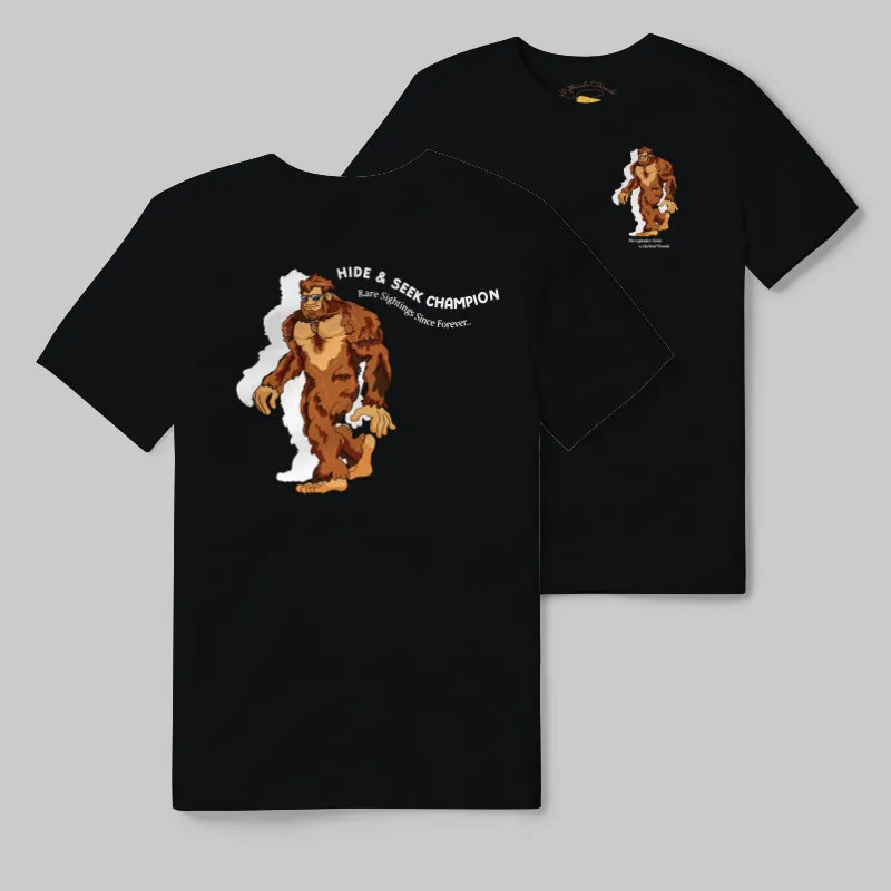 Black T-shirt with Bigfoot walking graphic
