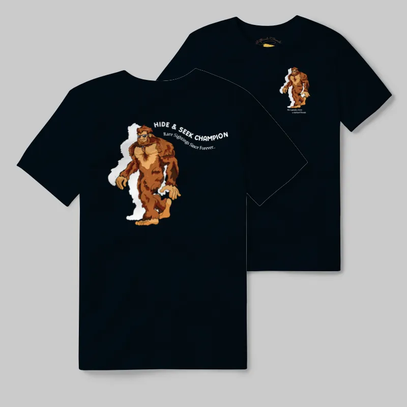 Black Heather T-shirt with Bigfoot walking graphic
