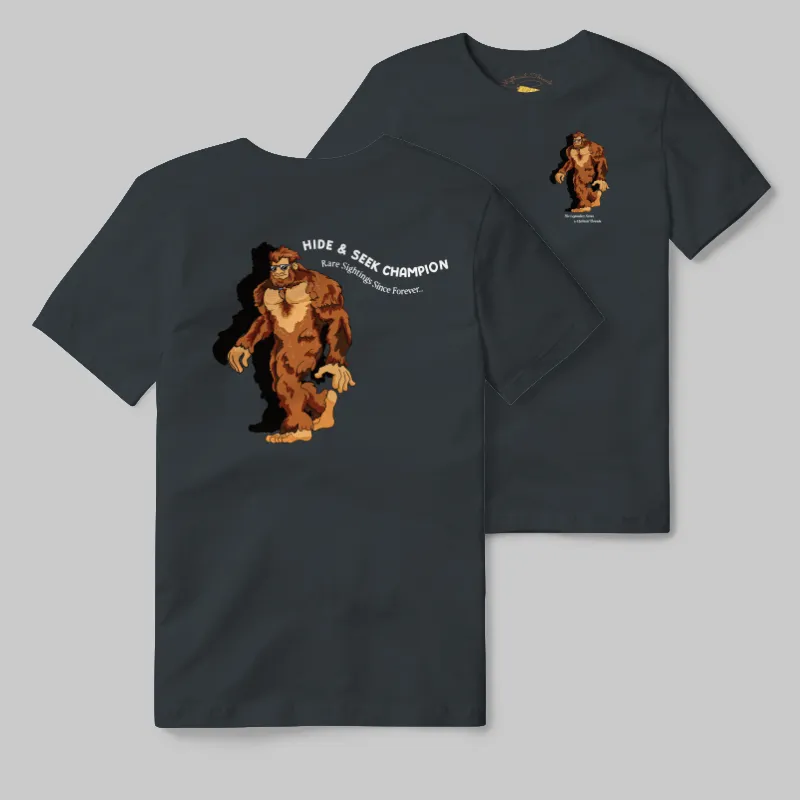 Charcoal T-shirt with Bigfoot walking graphic