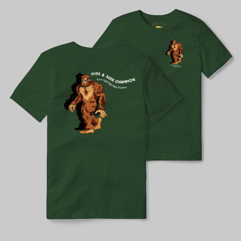Emerald T-shirt with Bigfoot walking graphic