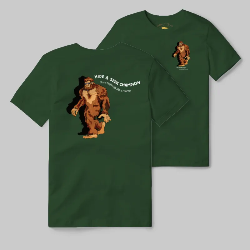 Emerald T-shirt with Bigfoot walking graphic