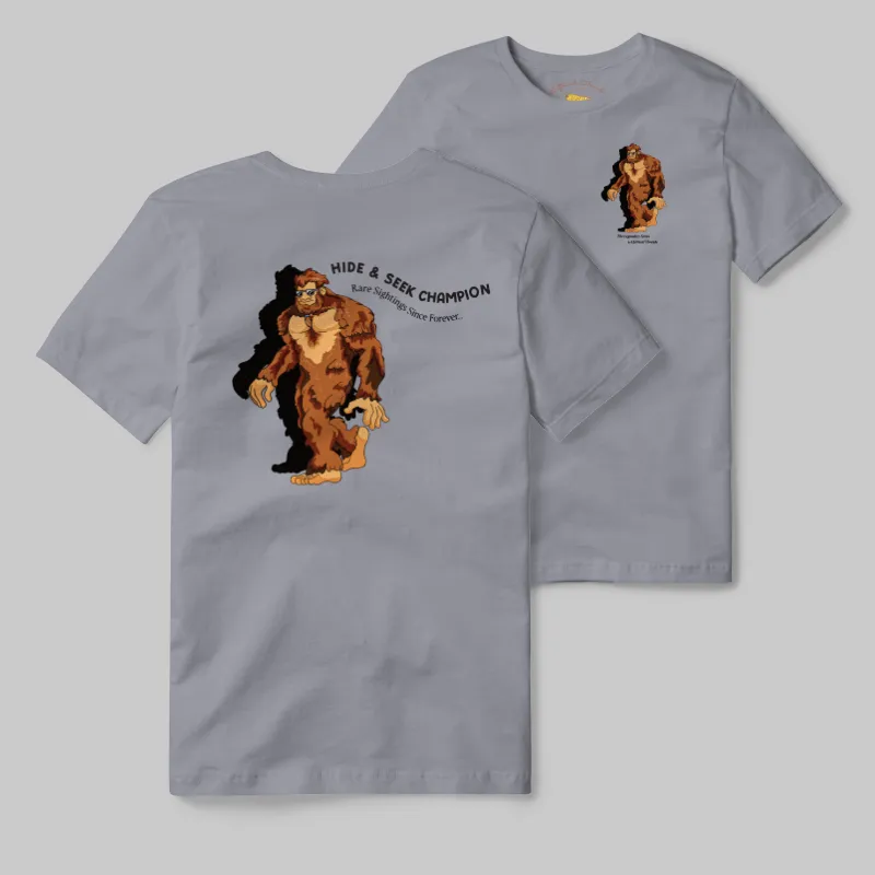 Grey T-shirt with Bigfoot walking graphic